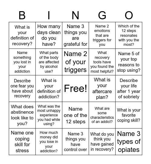 Recovery Bingo! Bingo Card