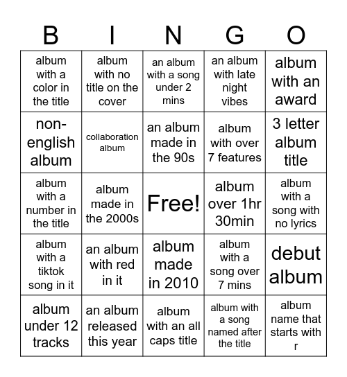 album bingo Card