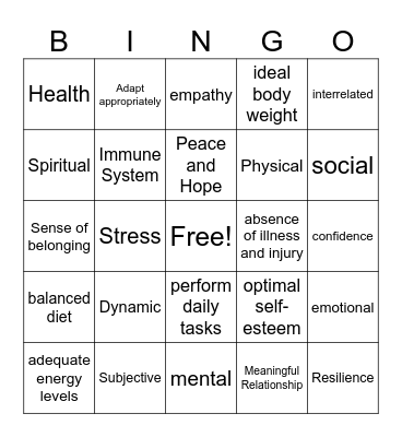 Health and Wellbeing Bingo Card