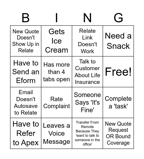 Insurance Bingo Card