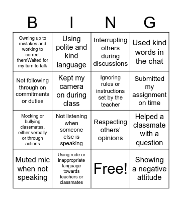Being respectful and responsible! Bingo Card