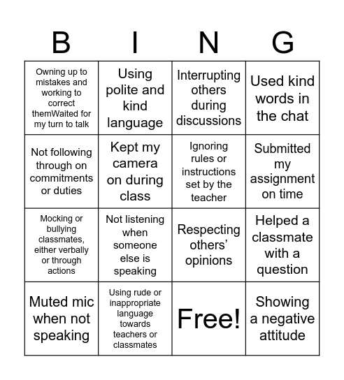 Being respectful and responsible! Bingo Card