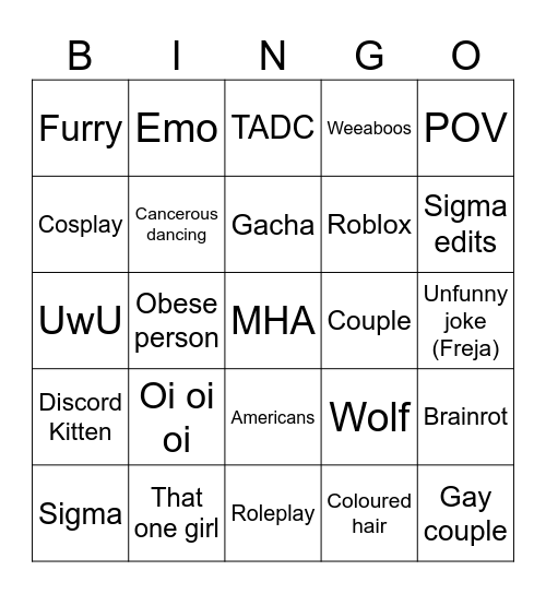 Tik Tok cringe Bingo Card