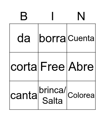 Spanish Commands Bingo Card