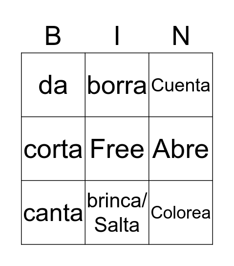 Spanish Commands Bingo Card