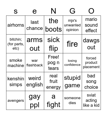 proejct 7 episodfe 6 Bingo Card