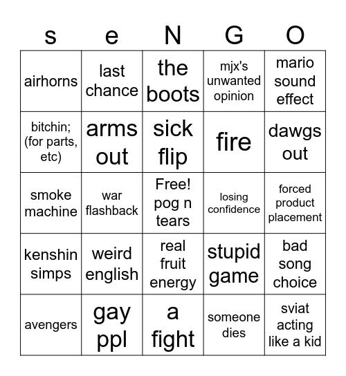 proejct 7 episodfe 6 Bingo Card