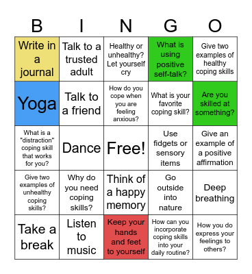 Coping Skills Bingo Card