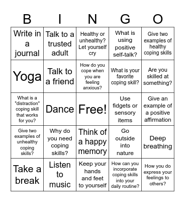 Coping Skills Bingo Card