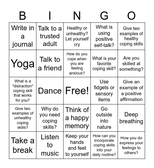 Coping Skills Bingo Card