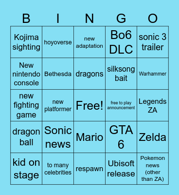 Game awards Bingo Card