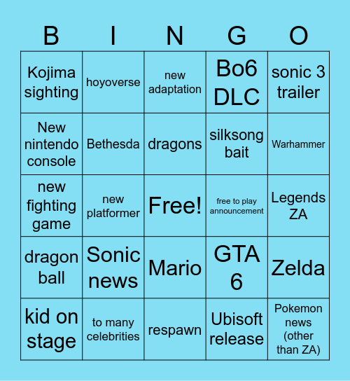 Game awards Bingo Card