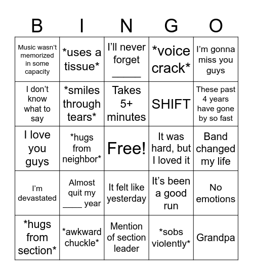 end of year bandimony Bingo Card