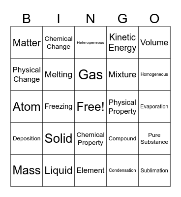 Properties of Matter Bingo Card