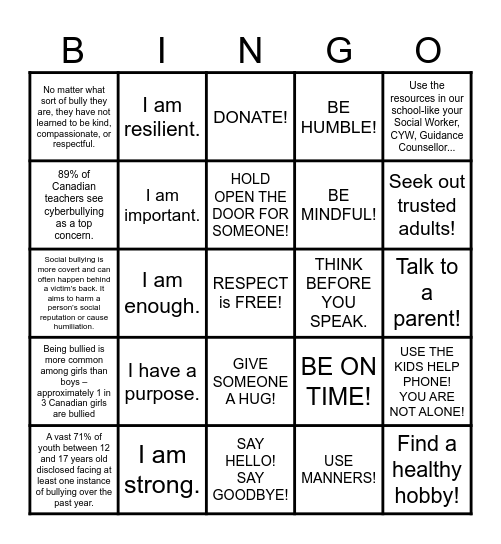 ANTI-BULLYING BINGO --RESPECT!! Bingo Card