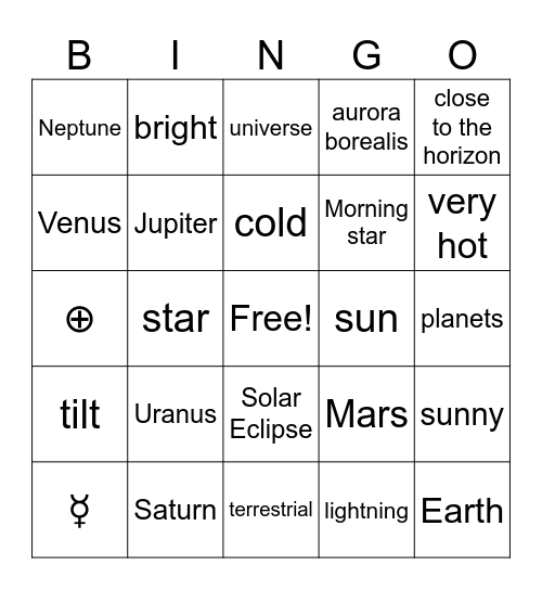 Astronomy Bingo Card