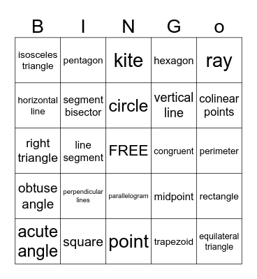 Geometry Vocabulary Bingo Card