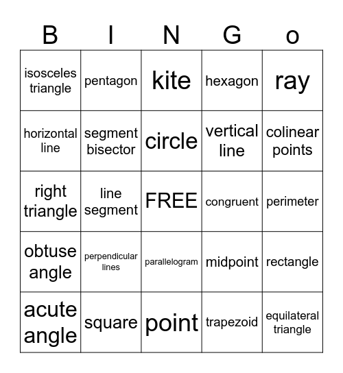 Geometry Vocabulary Bingo Card