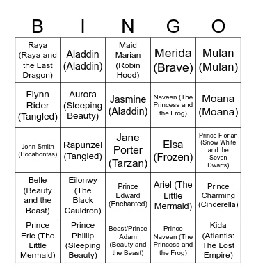 Disney Prince and Princesses Bingo Card