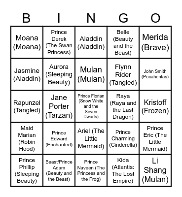 Disney Prince and Princesses Bingo Card