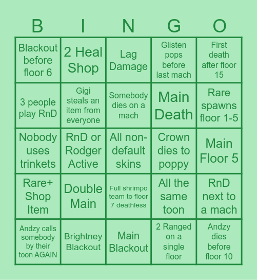 Dandy's World Bingo Card