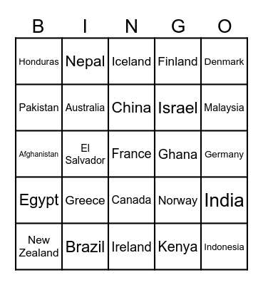 Countries Bingo Card