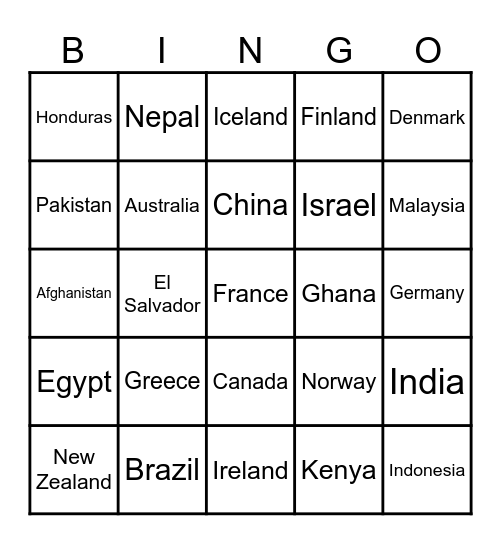 Countries Bingo Card