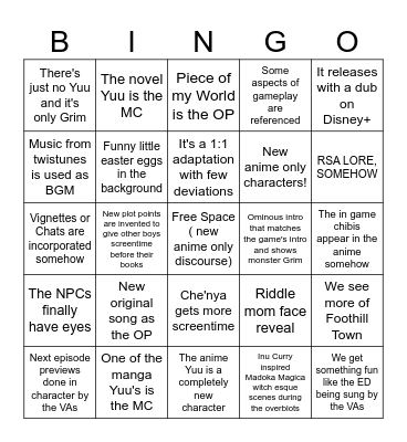 TWST Anime Season 1 Bingo Card