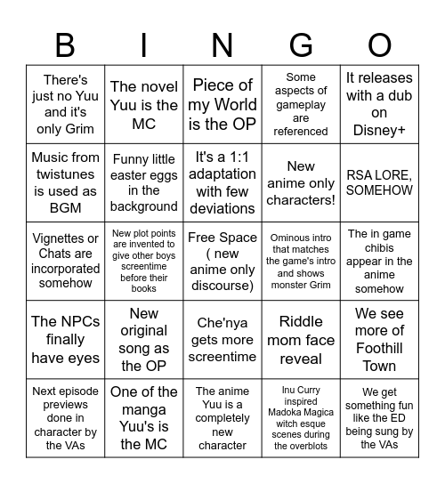 TWST Anime Season 1 Bingo Card