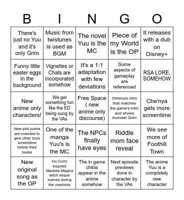 TWST Anime Season 1 Bingo Card