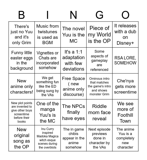 TWST Anime Season 1 Bingo Card