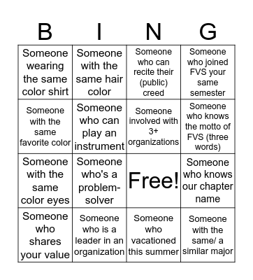 What is the most important value to you? ________ Bingo Card