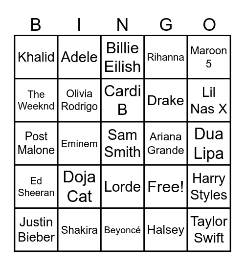 Music Artists Bingo Card