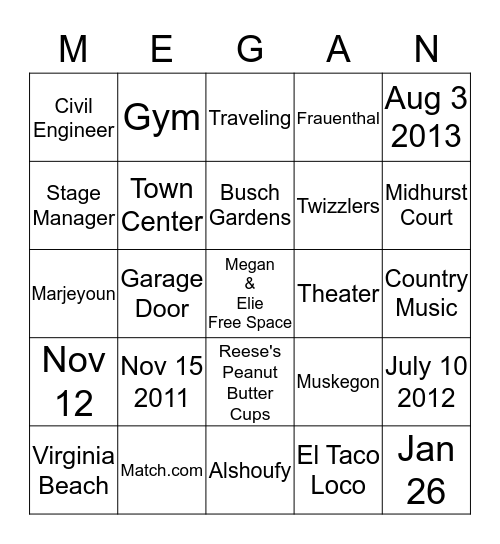 Megan's Bridal Bingo Card