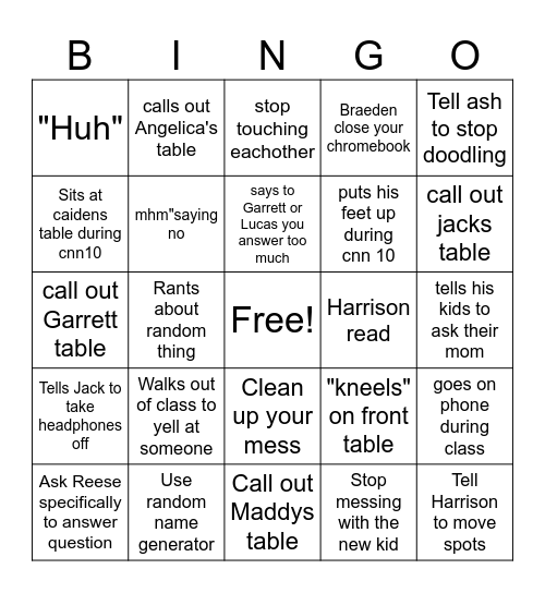 Laporte's Saying Bingo Card