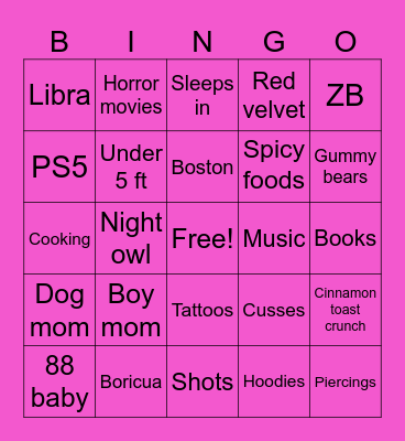 Sasha’s Bingo Card