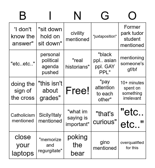 Ethics Bingo Card