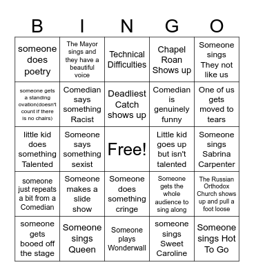 Open Mic Nite Bingo Card