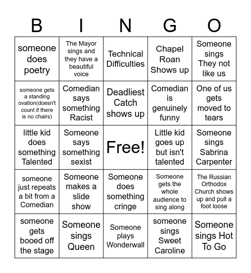 Open Mic Nite Bingo Card