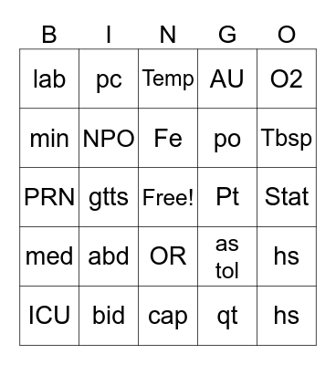 MEDICAL  ABBREVIATION Bingo Card