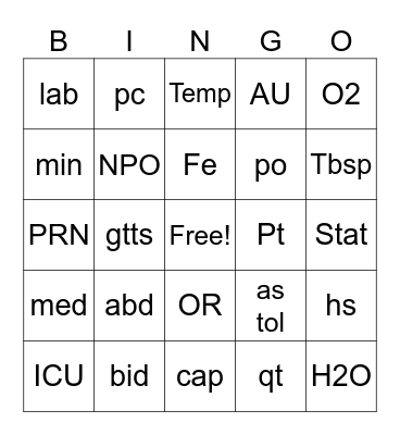 MEDICAL  ABBREVIATION Bingo Card