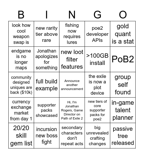 PoE2 Announcement Bingo Card