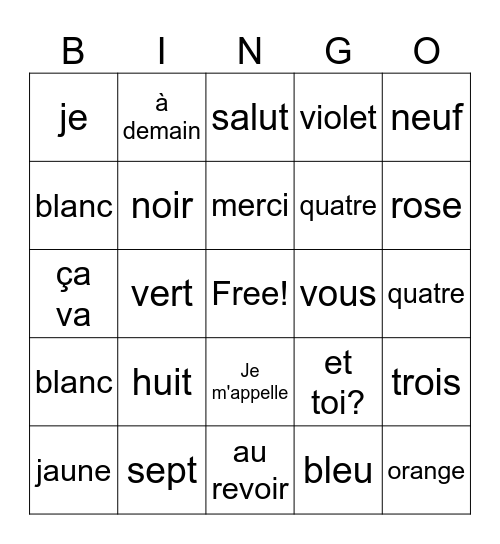 French Vocabulary Bingo Card