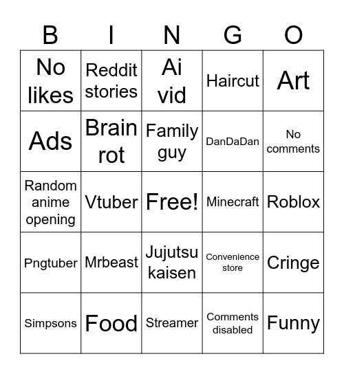 YouTube shorts bingo Card