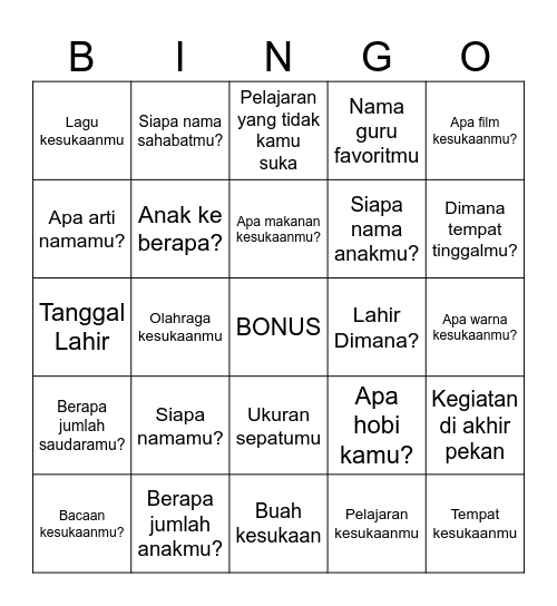 Tentang Aku Bingo Card