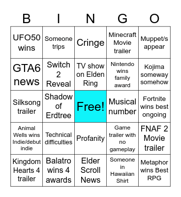 Game Award 2024 Bingo Card