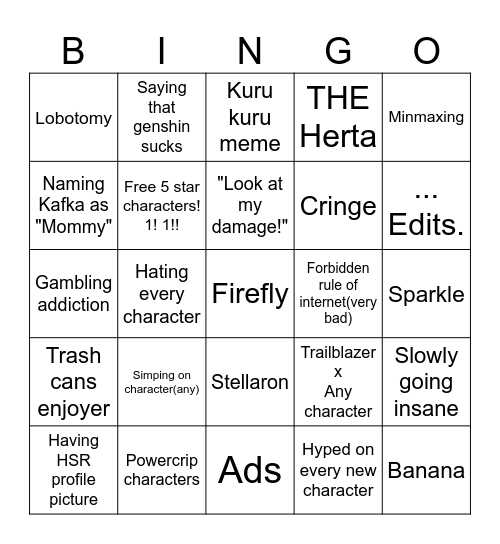 Honkai: Star Rail random things... Bingo Card