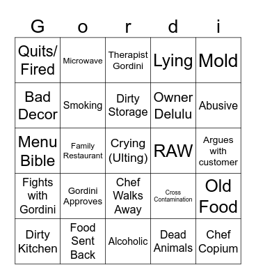 Kitchen Nightmares Bingo Card