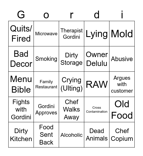 Kitchen Nightmares Bingo Card