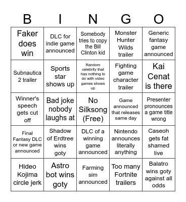Game Awards Bingo Card